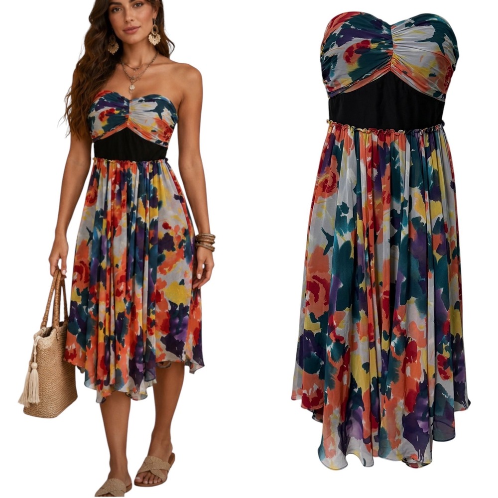 Womens 2 Strapless Abstract Floral Ruched Sweetheart Romantic Boho Asymmetrical